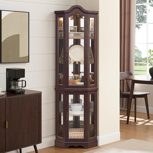 70'' H Lighted Corner Curio Cabinet with Glass Doors, Glass Display Case with Adjustable Shelves and Light Bulb, Home Office Freestanding China Cabinet for for Liquor Storage and Medal, Dark Cherry