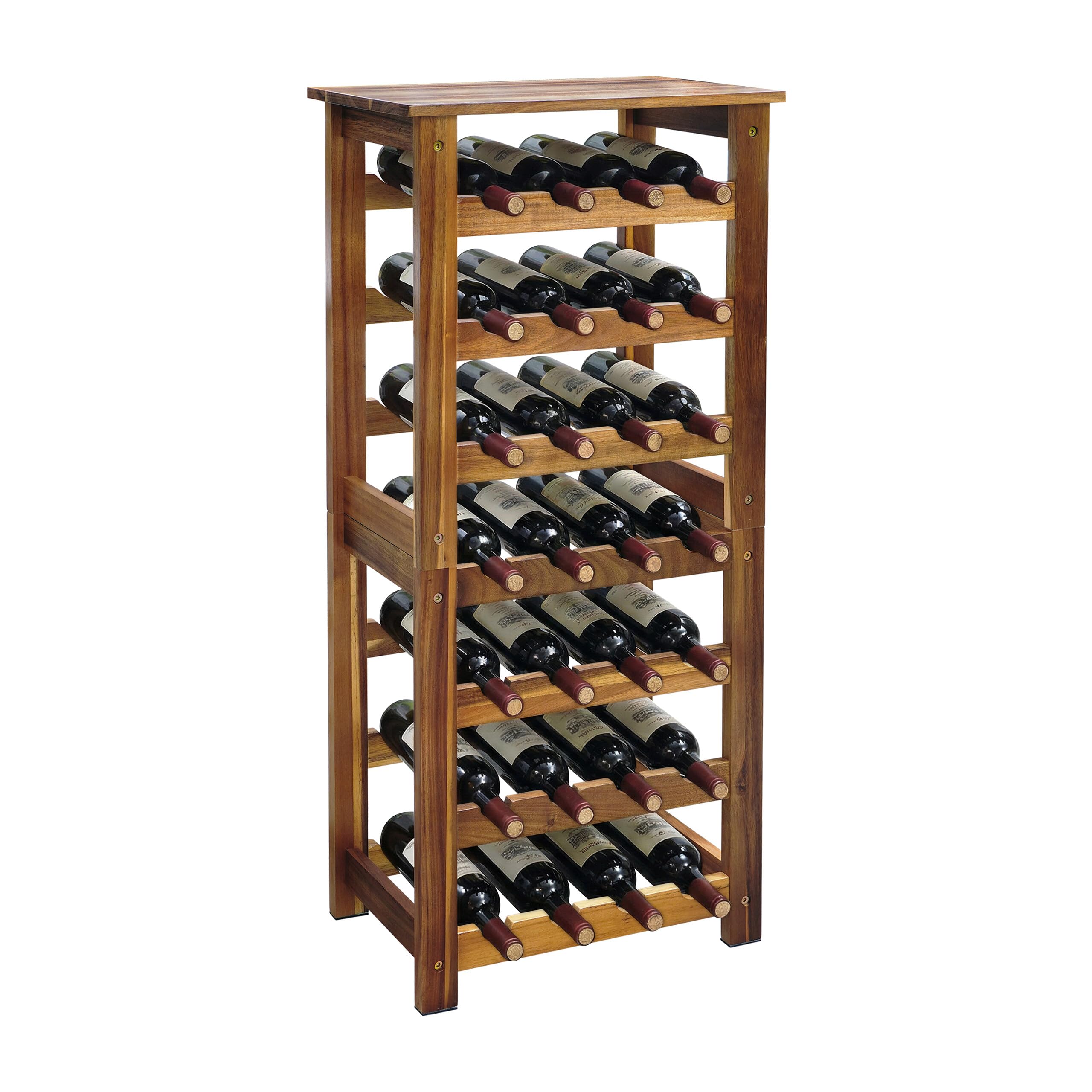 Relaxdays Weinregal, 28 Flaschen, Akazienholz, 91,5 x 43 x 22 cm, Weinhalter für Rot- & Weißwein, Flaschenregal, Natur