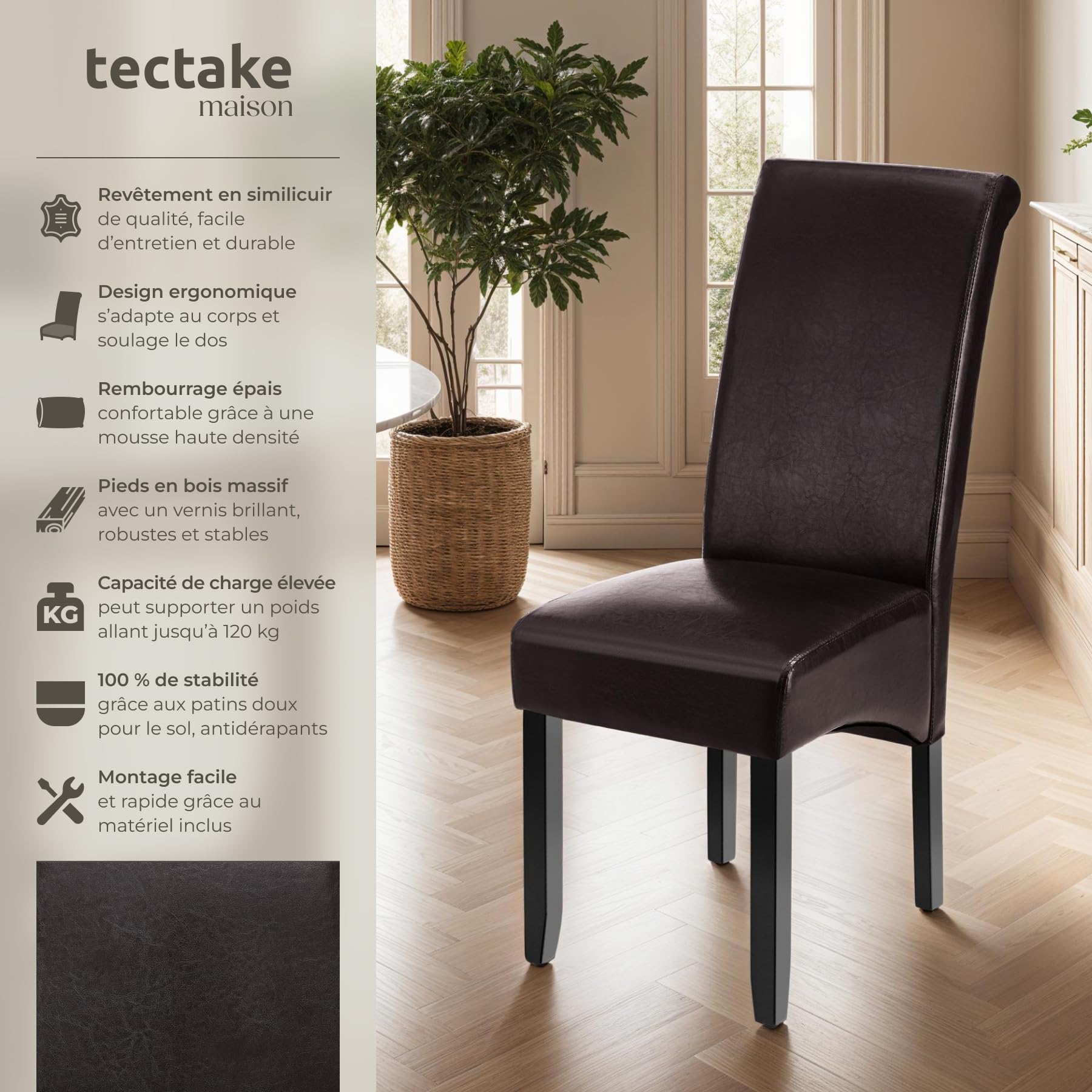 tectake® Lot de 2 Chaises de Salle à Manger Moderne Chaise Ergonomique Confortable Chaise Design en Cuir synthétique Meuble Salon avec Pieds en Bois pour Salle à Manger, Salon, Coiffeuse, Chambre