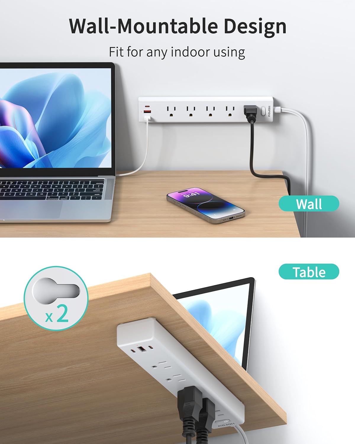 HOPOW 2 Prong Power Strip, 2 to 3 Prong Outlet Adapter with 1700J Surge Protection, 6ft Two Prong Extension Cord, 5 AC Outlets & 3 USB(5V 3.4A Max), Wall Mount for Non-Grounded Outlet, White 8 81SuBntGP L. AC SL1500