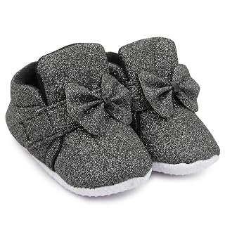 Neska Moda 6 To 12 Months Baby Girls Cotton Hook & Loop Bow Booties (Black)-BT1766