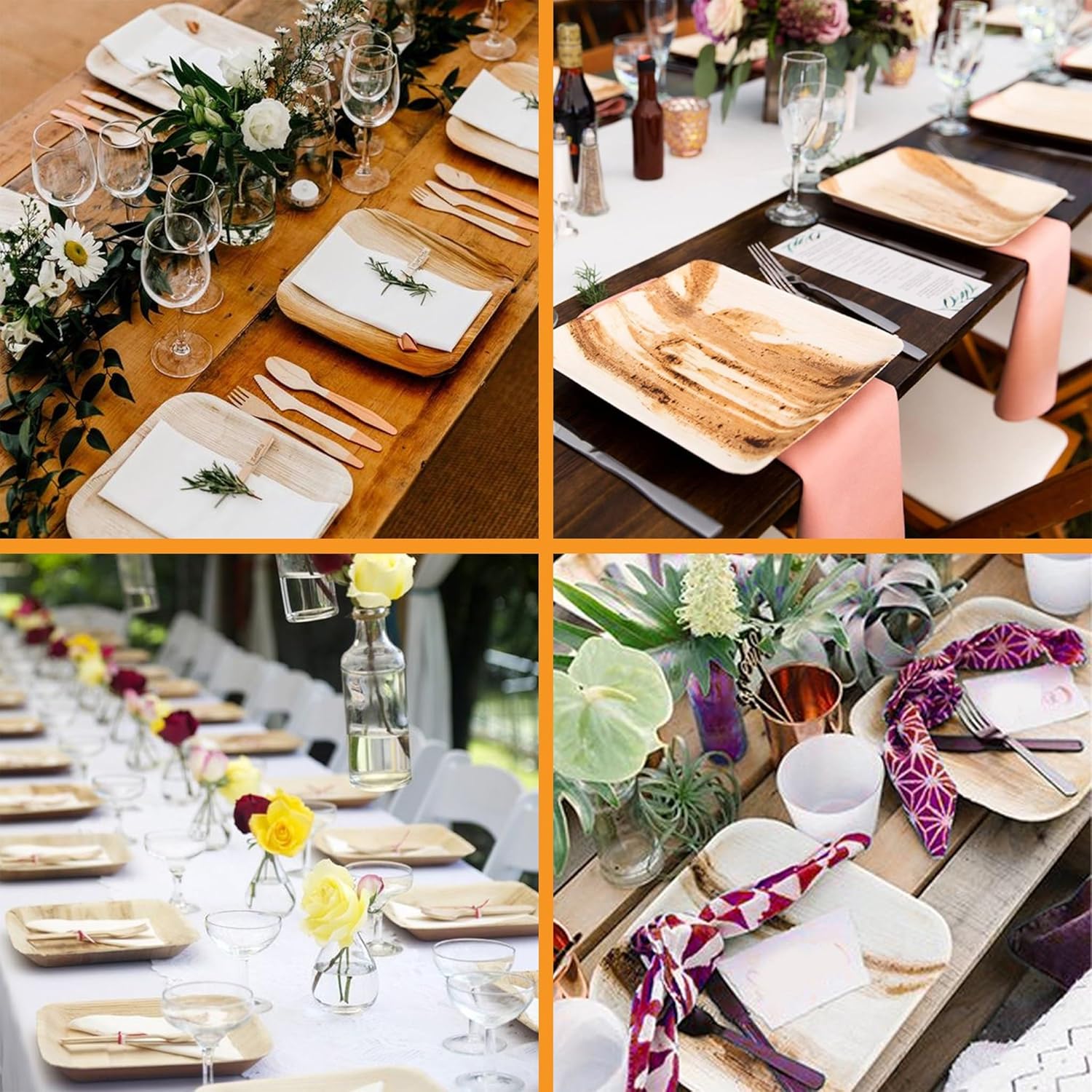 Raj Palm Leaf Plates & Bowls Combo (75 Pc) - Disposable Bamboo 10" & 7" Plates (50) + 4" Square Bowls (25) | Compostable, Biodegradable, Strong & Decorative Tableware for Parties, Lunch, BBQ