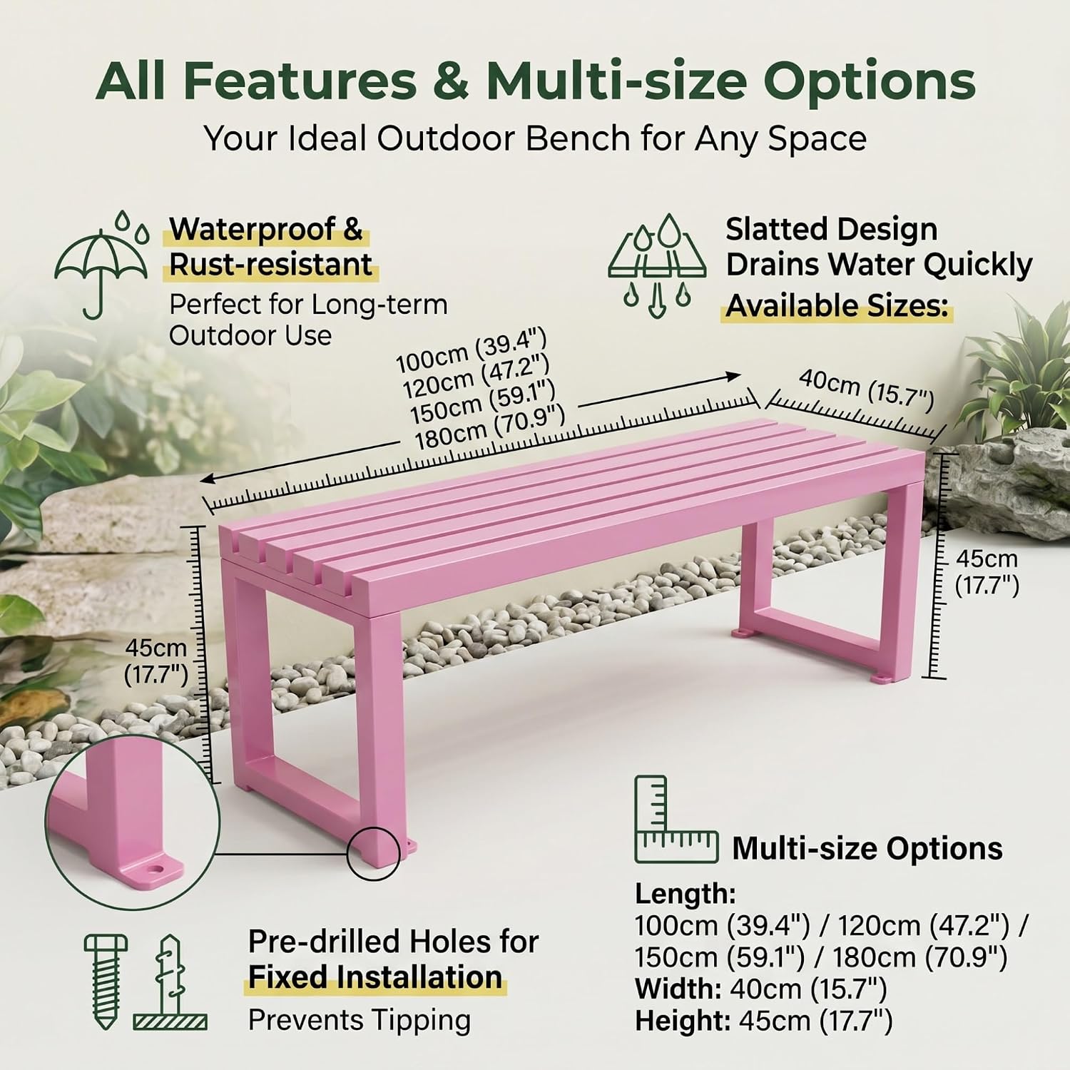 Outdoor Metal Garden Bench, Patio Seat Heavy-Duty Backless Park Chair for Backyard, Terrace, and Public Spaces, Easy to Assemble and Floor-Mountable