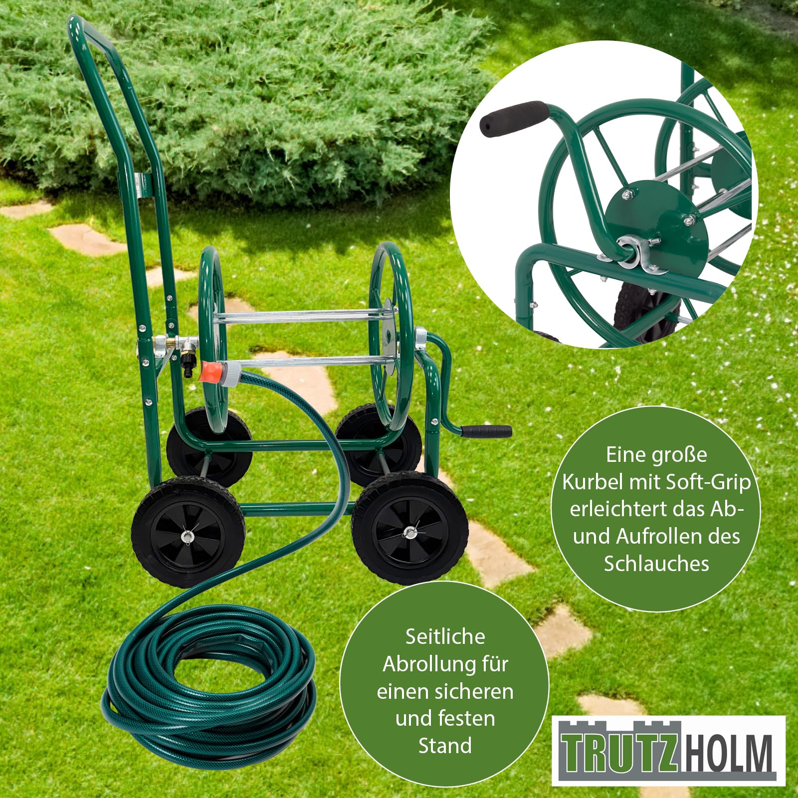 TRUTZHOLM Schlauchwagen Basic 4 Räder 95,5 x 58 cm Stahl, für 50 m Gartenschlauch 3/4" Anschluß grün