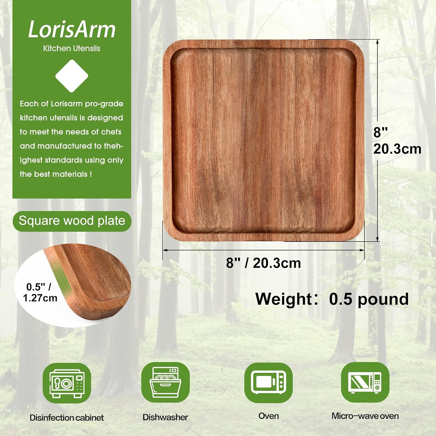LorisArm 8" Acacia Wood Plate, Square Wooden Trays Serving Platter Dinner Server Tray Dessert Cookie Snack Fruit Serving Board.