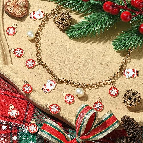 Miniatura 3 de LiQunSweet 100 adornos de bola de Navidad rojos, dijes esmaltados de copos de nieve dorados para hacer joyas