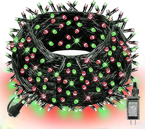 Dazzle Bright - Guirnalda de 300 luces LED rojas y verdes para Navidad, de 100 pies con 8 modos, impermeables, conectables, cable verde,