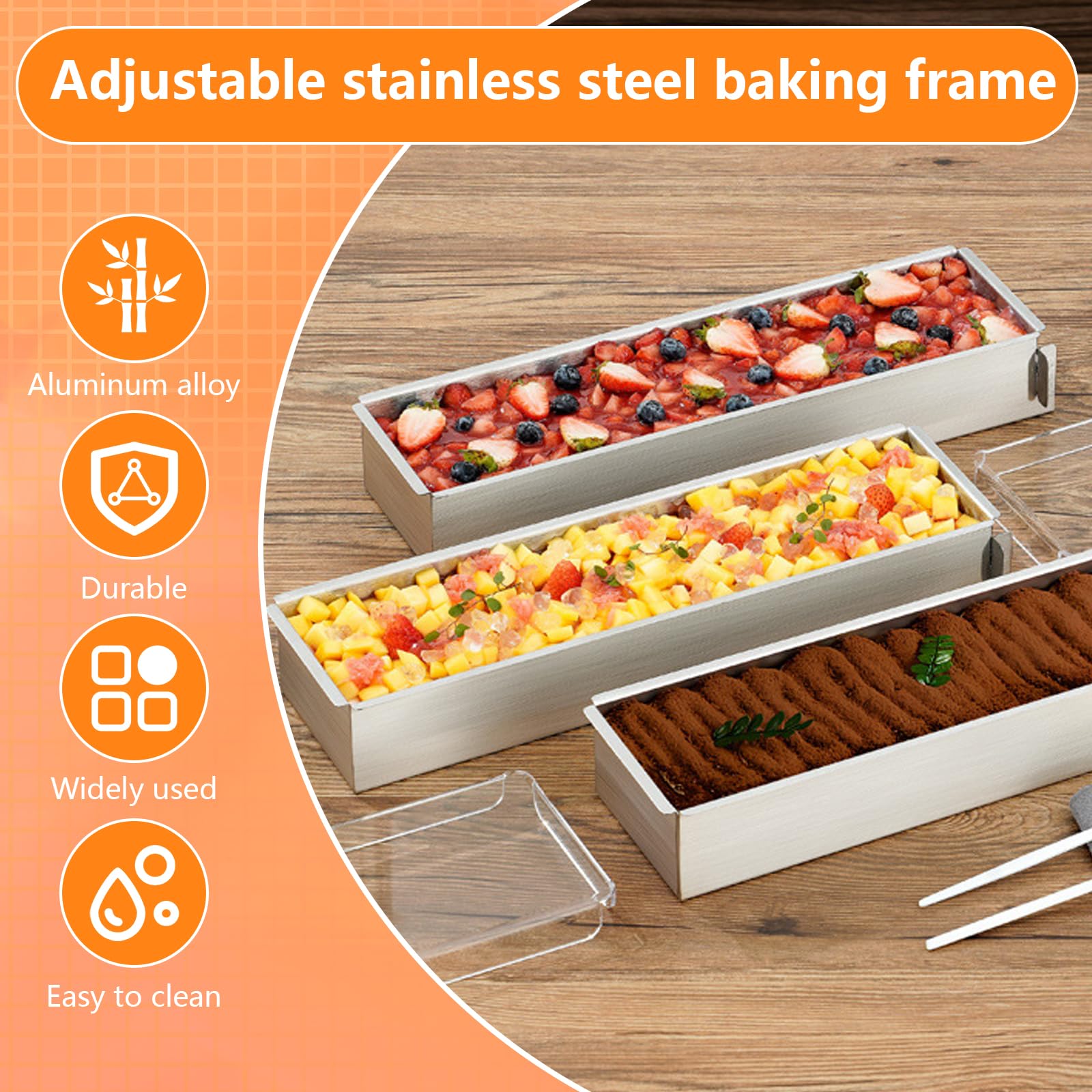 2 Stück Rechteckig Backform, Verstellbare Mousse Kuchenform, Antihaftbeschichtete Tiramisu Form mit Abnehmbares Seitenteil, Aluminiumlegierung Backform für Tortenzubereitung Broten Tiramisu (40cm)