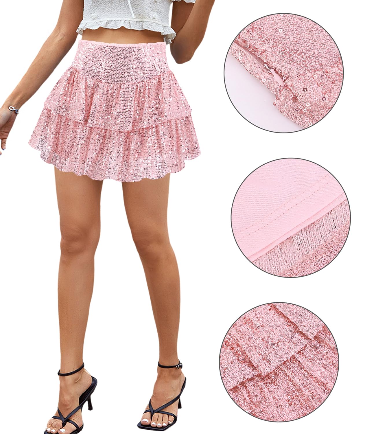 Erinaco Minifalda de lentejuelas brillantes para mujer, cintura alta, acampanada, plisada, para salir por la noche, fiestas, faldas cortas