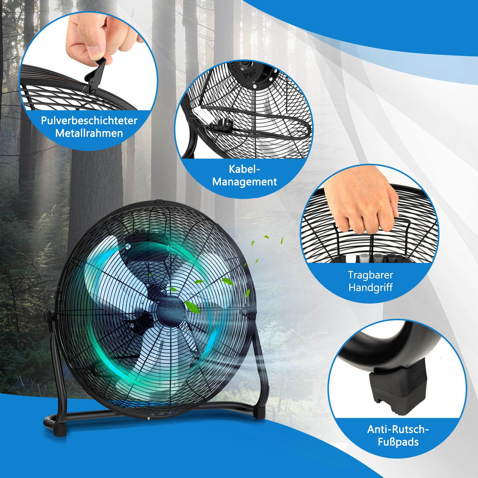 GOPLUS Bodenventilator, Ø 50 cm Standventilator mit 3 Geschwindigkeitsstufen & Handgriff, 145° verstellbarer Ventilatorkopf, hoher Luftdurchsatz, Windmaschine Ventilator für Lager, Werkstatt, Garage