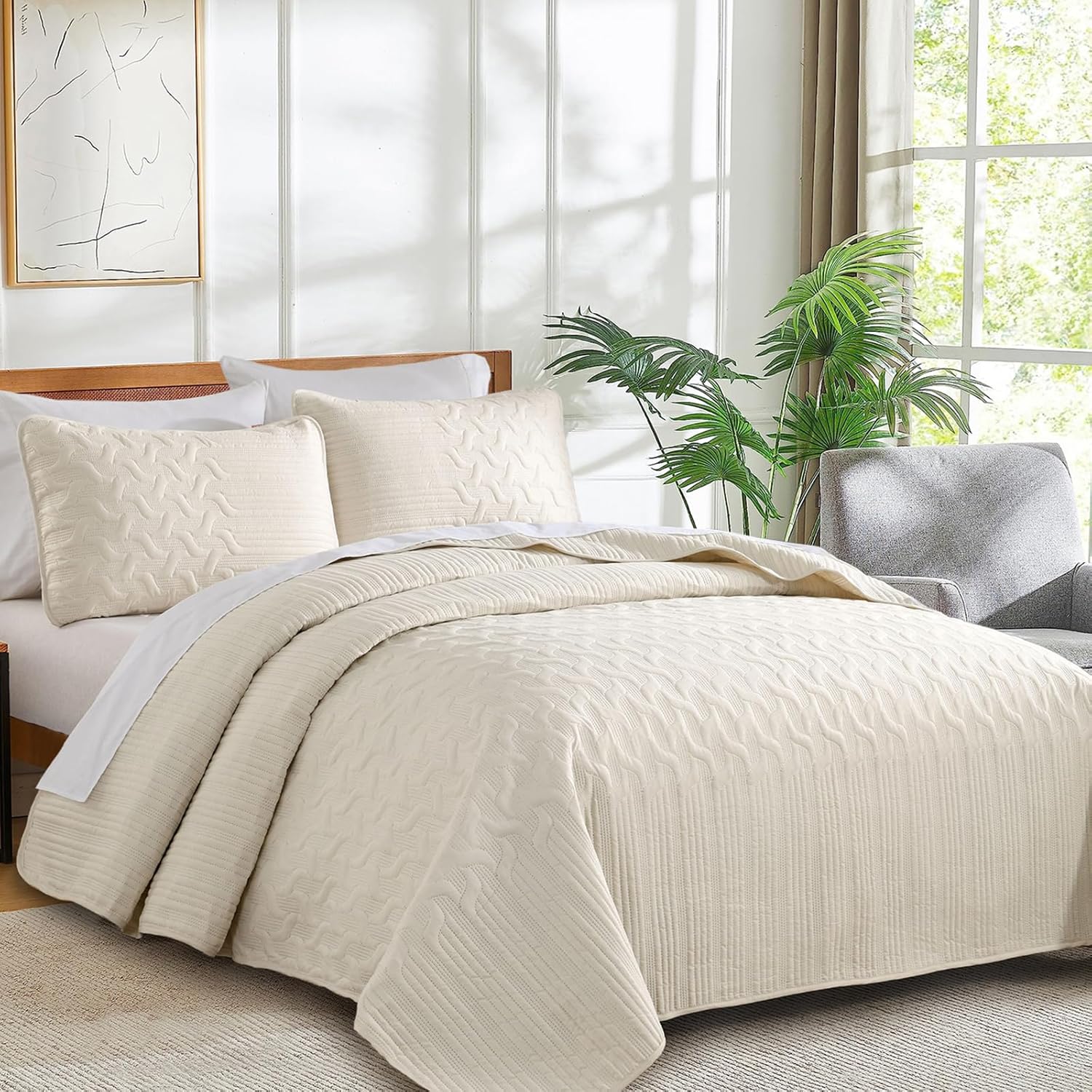 Yiran Beige Quilt Set Queen Size Lightweight Bedspread Ultrasonic Wave Pattern Soft Microfiber Coverlet for All Season Modern Style 3 Piece Bed Cover Sets with 2 Pillow Shams (96"x90") - Image 3