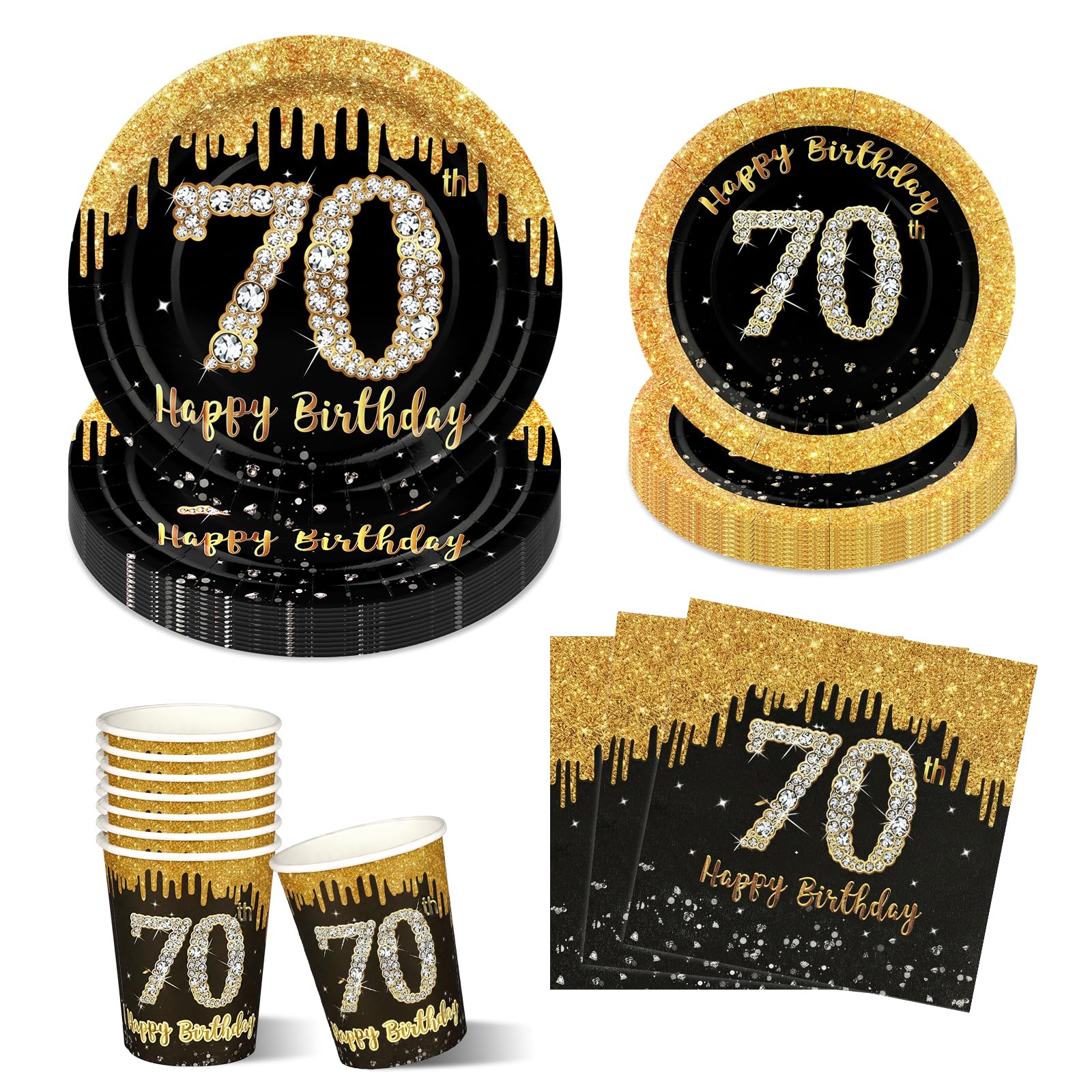 100pcs 70th Happy Birthday Party Plates Cups and Napkins, Black Gold 9" and 7" Disposable Paper Plates, Party Tableware Set Serves 25 Guests for 70th Birthday Celebrations and Table Decorations