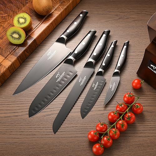 Miniatura 4 de Juego de cuchillos de damasco de 7 piezas con bloque de madera, cuchillos de cocina recubiertos de titanio negro para chefs profesionales y cocina