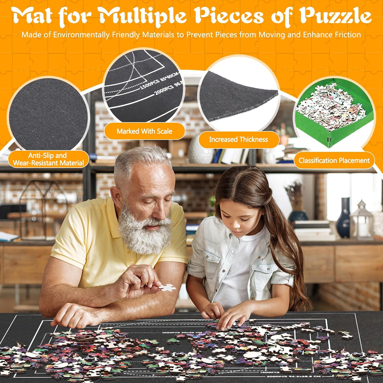 Puzzle Mat, Puzzle Roll Felt Mat for up to 1000 1500 2000 3000 Pieces, Puzzle Storage Mat, Puzzle Roll Up Mat, Foldable Puzzle Saver with 6 Puzzle Sorters
