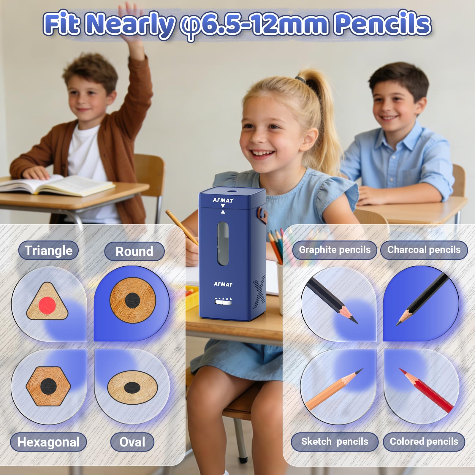 AFMAT Sacapuntas eléctrico, sacapuntas totalmente automático, entrada y salida automática, sacapuntas recargable para lápices Jumbo y lápices de colores (6,5 – 12 mm), portátil para hogar/aula/oficina