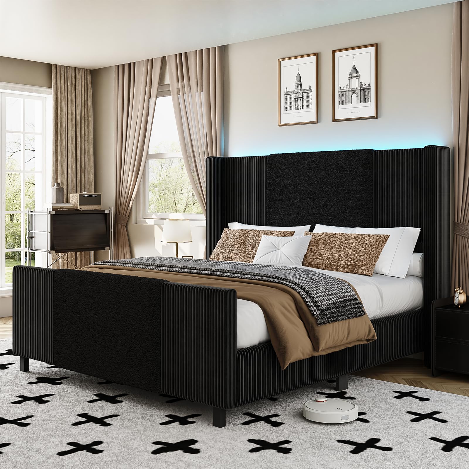 Lihimte Queen Size Bed Frame with Tall Headboard and Footboard, Boucle and Corduroy Upholstered Bed Frame Queen with LED Lights, Modern Platform Bed