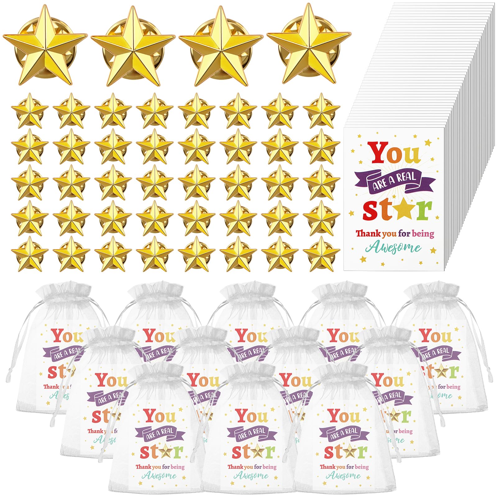 50 Sets Employee Appreciation Gifts Bulk Include Star Badge Lapel Pin Inspirational Greeting Cards Organza Bag Thank You Gift for Teacher Staff Coworkers Employee Volunteer Easter Party Supplies