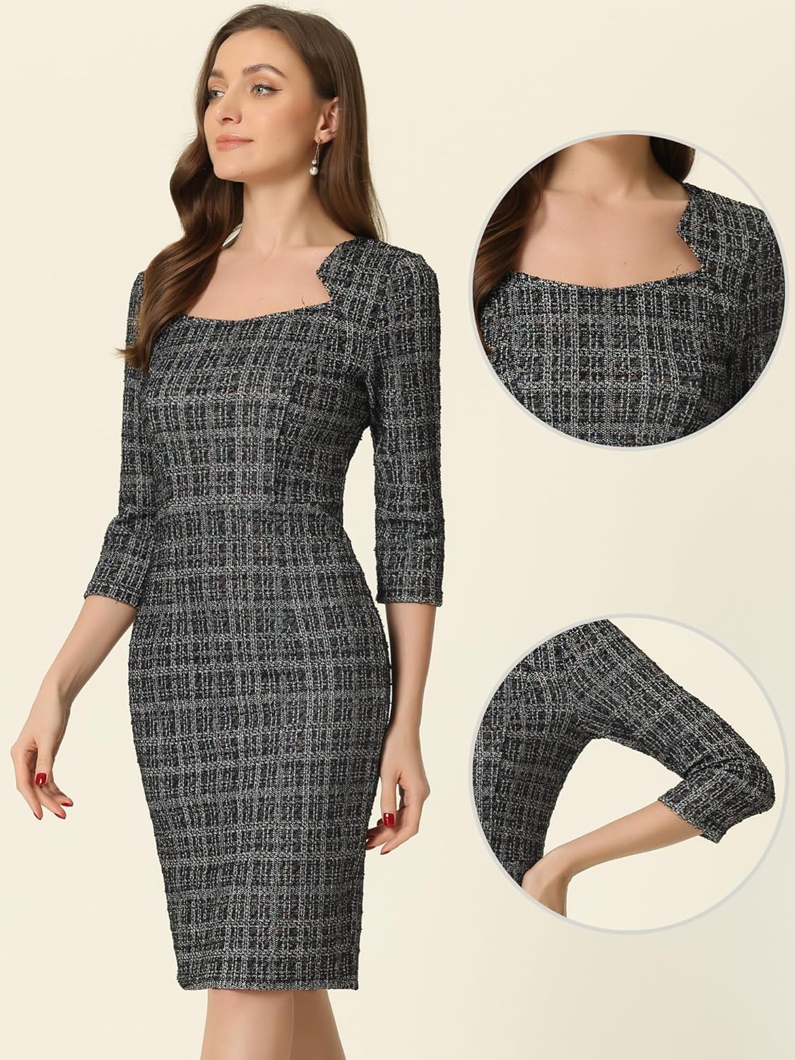 Allegra K Tweed Dress for Women Elegant 3/4 Sleeve Plaid Business Work Bodycon Pencil Dress - Image 3