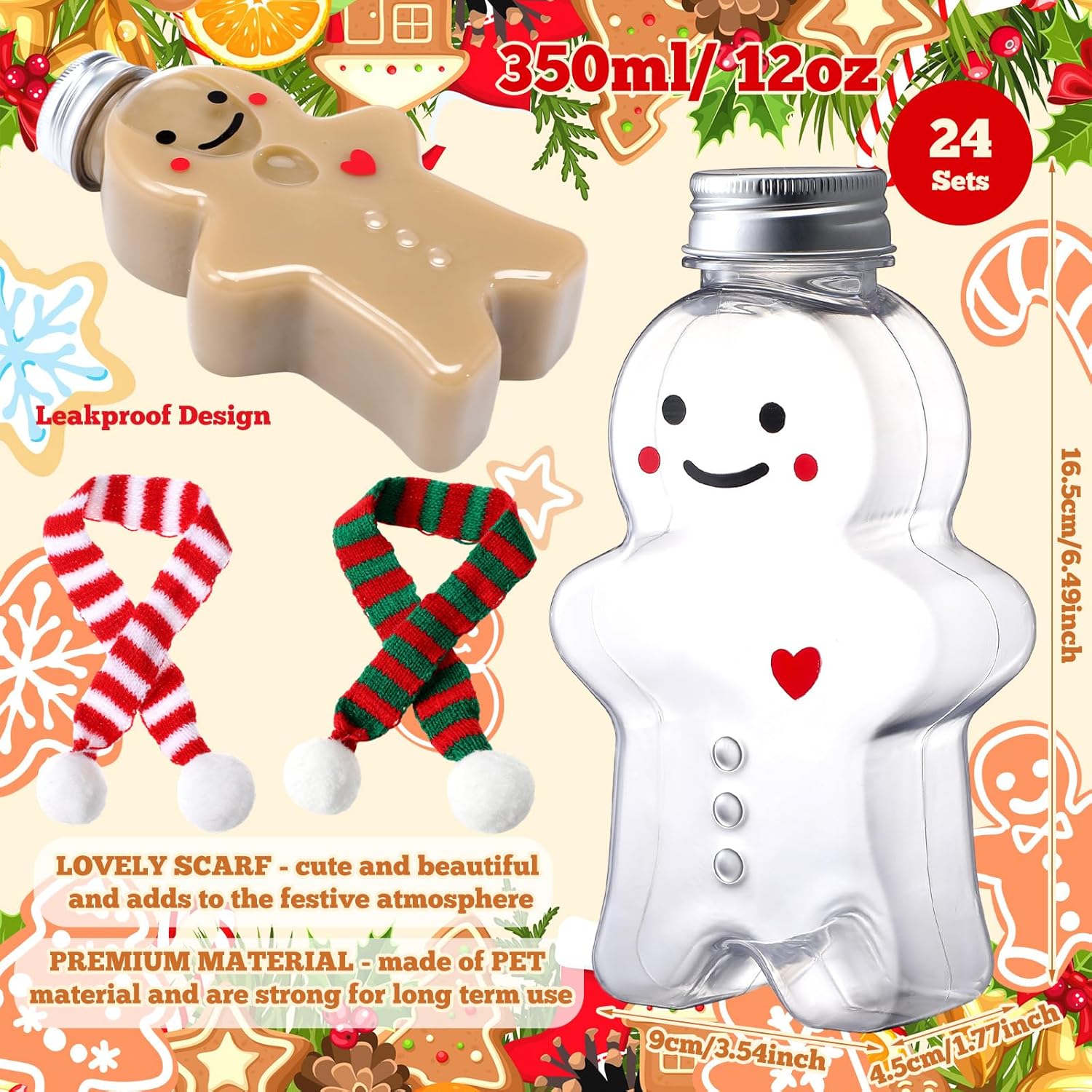 24 Set Christmas Gingerbread Man Bottles with Hat and Scarf Clear Christmas Juice Bottles with Lid Empty Plastic Drink Bottle Xmas Beverage Container for Milk Juicing Drinking, 350ml (Mix Color)