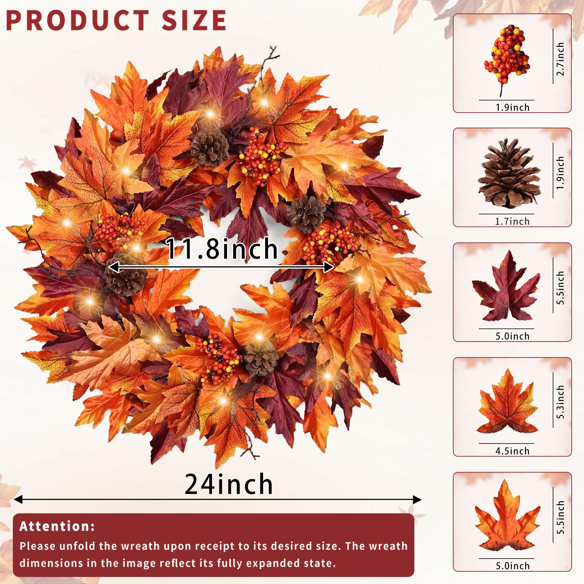 Ghrdopy Couronne d'automne pour porte d'entrée avec 20 lumières et minuteur