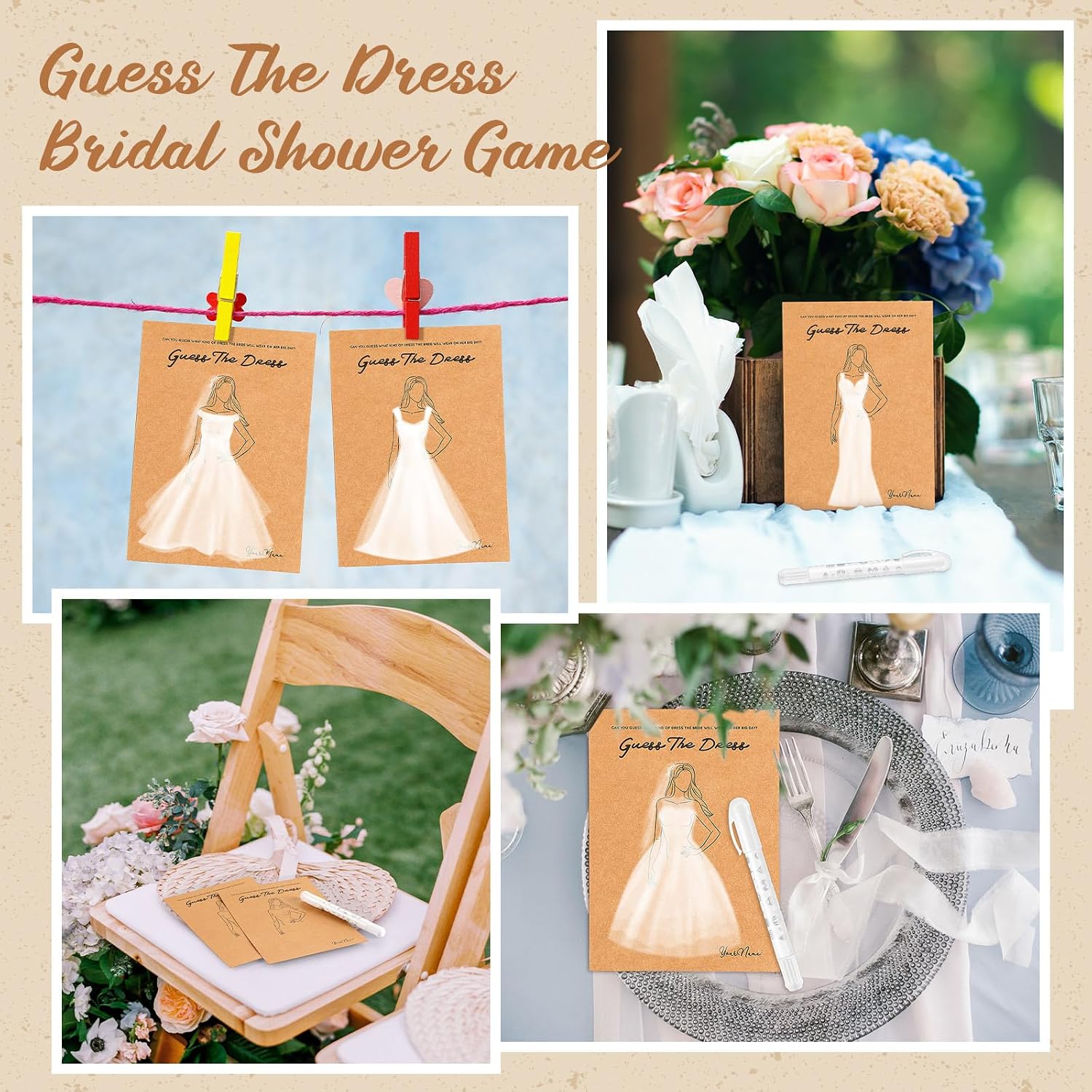 Geyoga 30 Set Guess The Dress Bridal Shower Games for Guests,Brown | Include 30 Pcs 5 x 7 Inch Wedding Shower Games Cards, 30 Pcs Watercolor Gel Crayons, Fun Wedding Party Favors Decorations