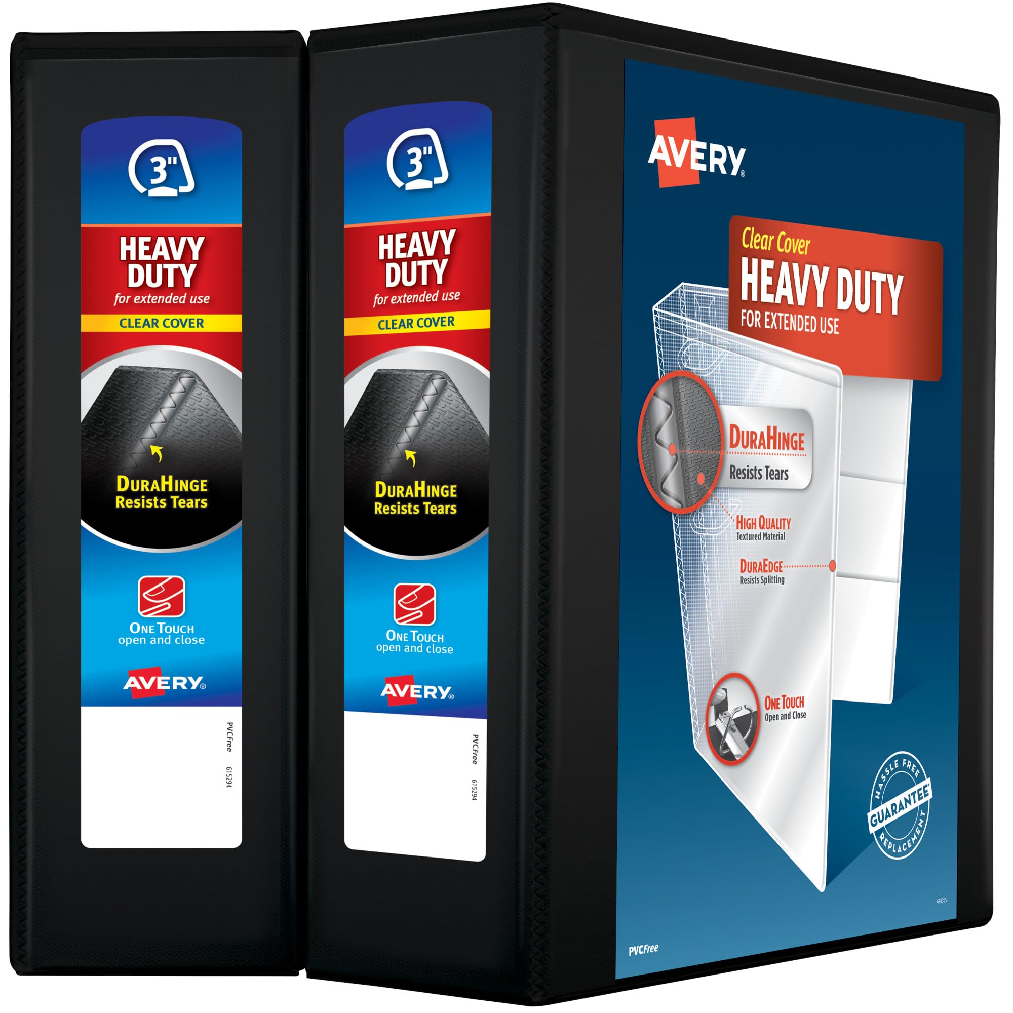 Avery Heavy-Duty View 3 Ring Binder, 3" One Touch Slant Rings, Holds 8.5" x 11" Paper, 2 Black Binders (79873)
