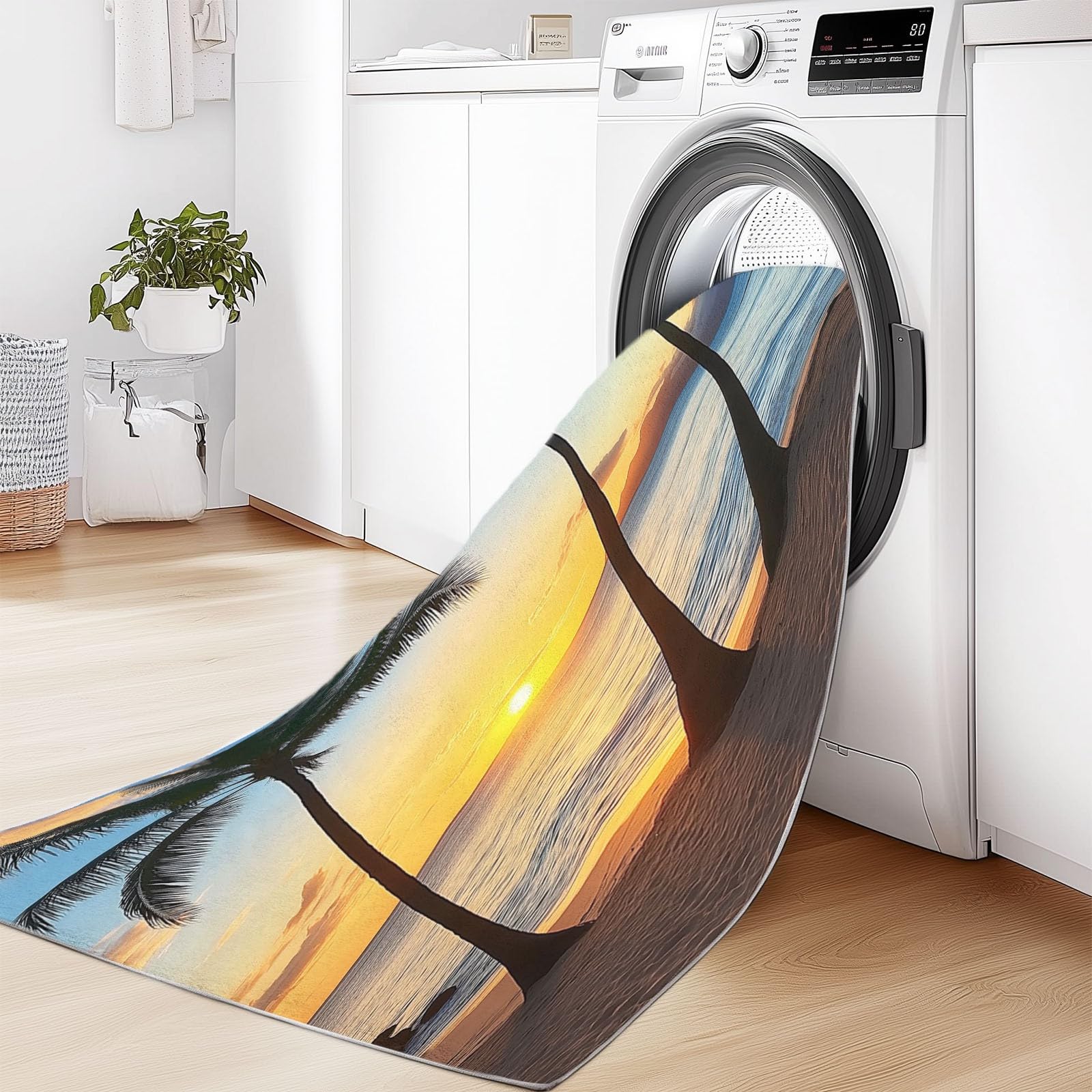 Tappeto multiuso in microfibra Blu Arancione con Fondo Gommato Antiscivolo Paesaggio tropicale tramonto Stampa, per ingresso, bagno - Lavabile in lavatrice 120 x 170 cm