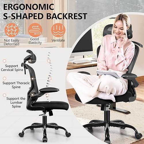 Miniatura 3 de FelixKing Silla de oficina con reposacabezas, silla de escritorio ergonómica con ruedas, cómoda silla giratoria para tareas con soporte lumbar