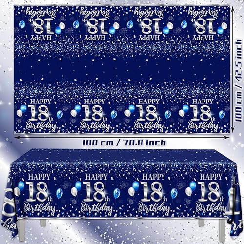 Miniatura 21 de GREHUMOR Mantel de feliz cumpleaños de 3 piezas, color azul plateado, suministros para fiesta de cumpleaños 30, funda de mesa desechable de plástico