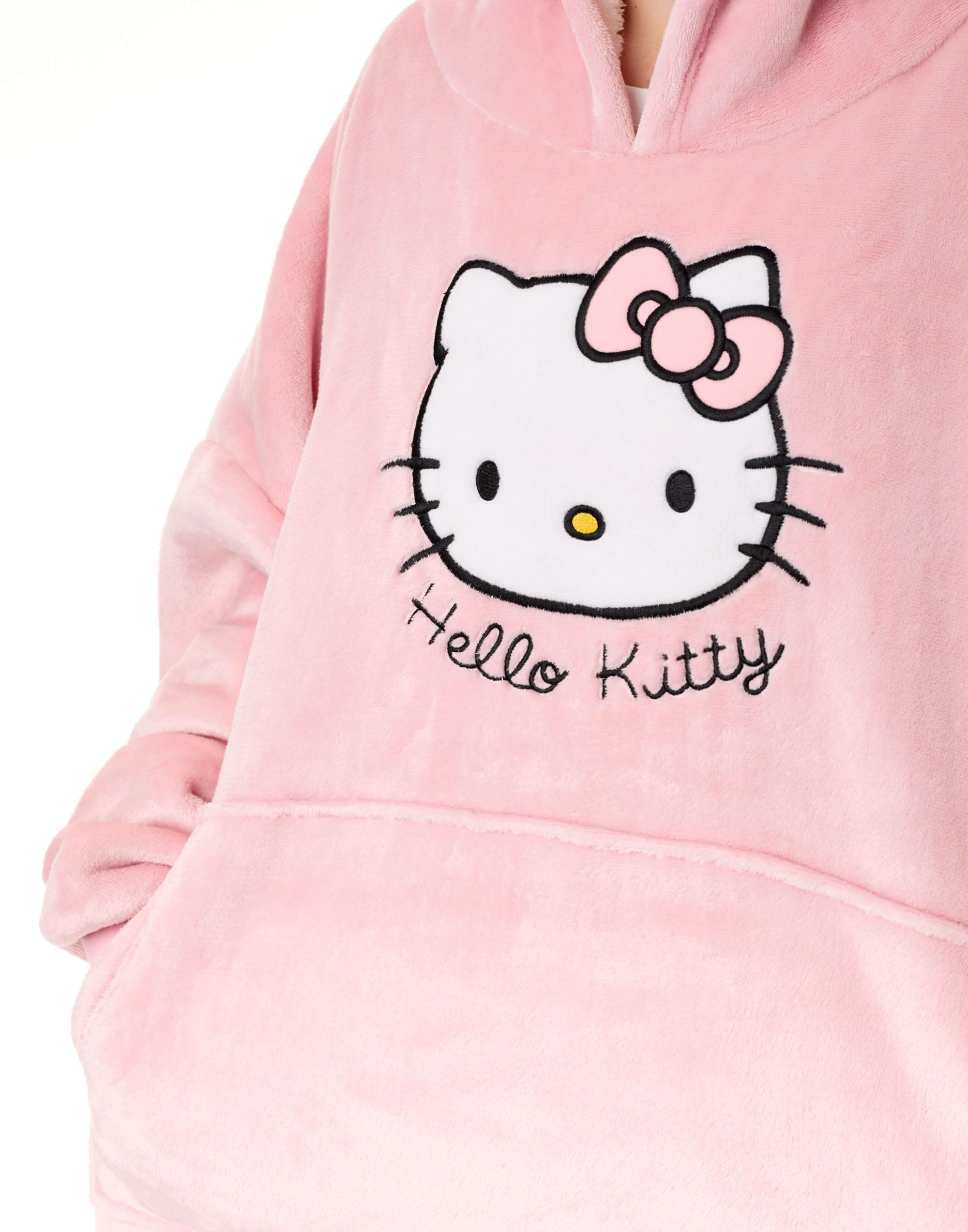 Hello Kitty Damen tragbare Decke Hoodie | Erwachsene Rosa Kapuzenpullover mit Kitty Weiß Charakter Grafik Print | Einheitsgröße Sherpa gefütterte Loungewea