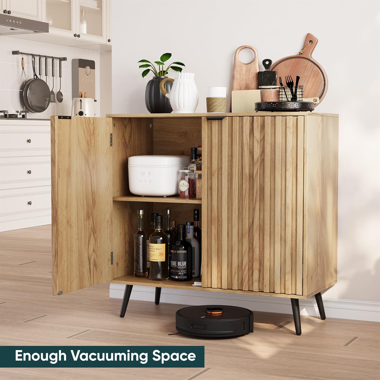 Semiocthome Buffet Cabinet with Storage, Sideboard Cabinet with Fluted Doors and Metal Legs, Storage Cabinet with Adjustable Shelf, Accent Table for Living Room, Kitchen, Entryway - Natural