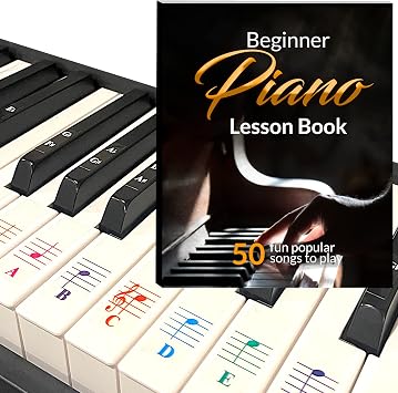 QMG Beginner Piano Book for Kids, Piano Keyboard Stickers, 50 Amazing & Popular Songs, Color Piano Key Stickers for 88/76/61/54/49/37 Key Keyboards, Transparent and Removable