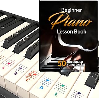 QMG Beginner Piano Book for Kids, Piano Keyboard Stickers, 50 Amazing & Popular Songs, Color Piano Key Stickers for 88/76/61/54/49/37 Key Keyboards, Transparent and Removable