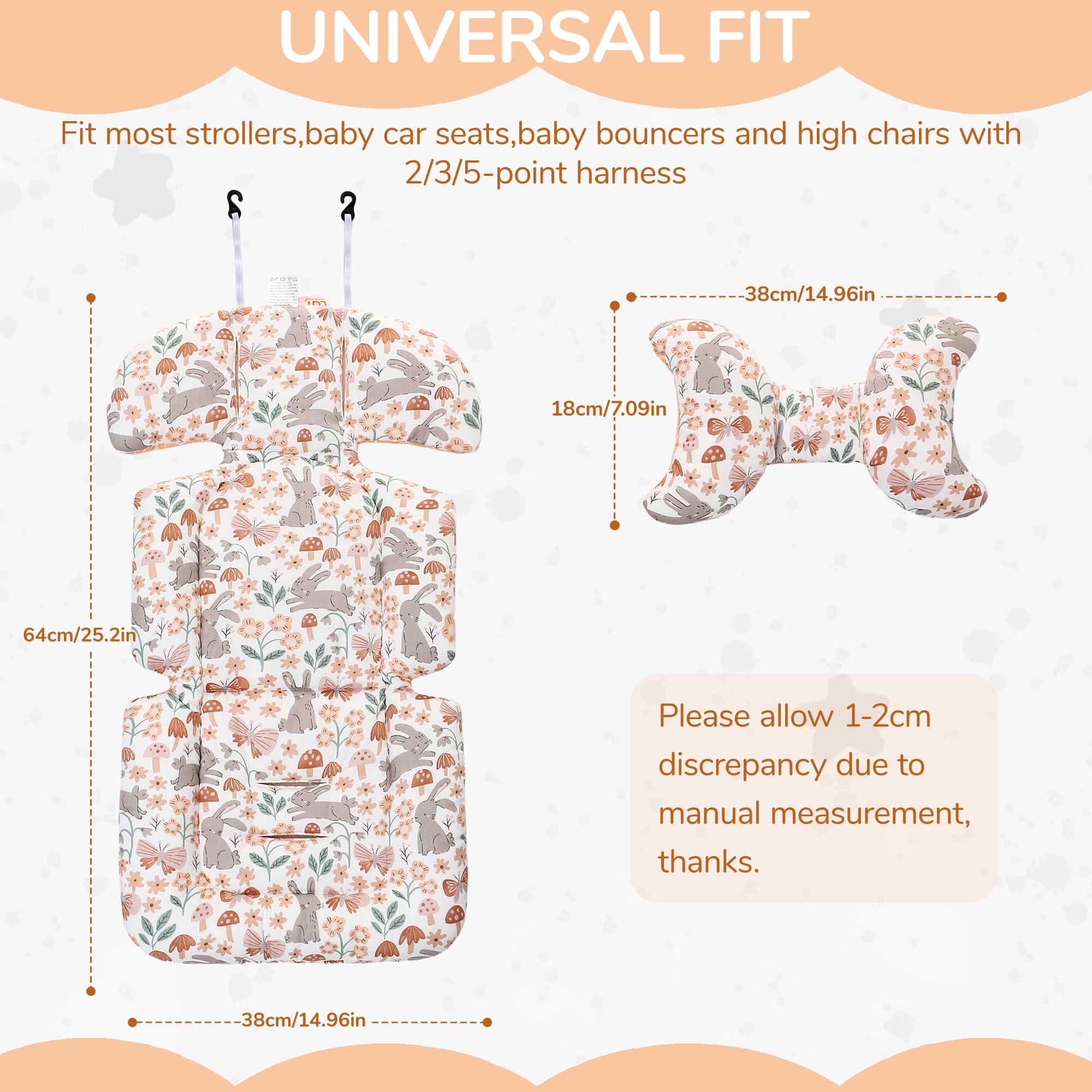 Baby Pushchair Seat Liners,1 Pack Removable Stroller Cushion Seat Liner,Universal 100% Cotton Pram Insert Pad,Pushchair Seat Covers Thick for Pram Buggy Baby Carriage,Toddler Infant(Rabbit+Orange) - Image 3