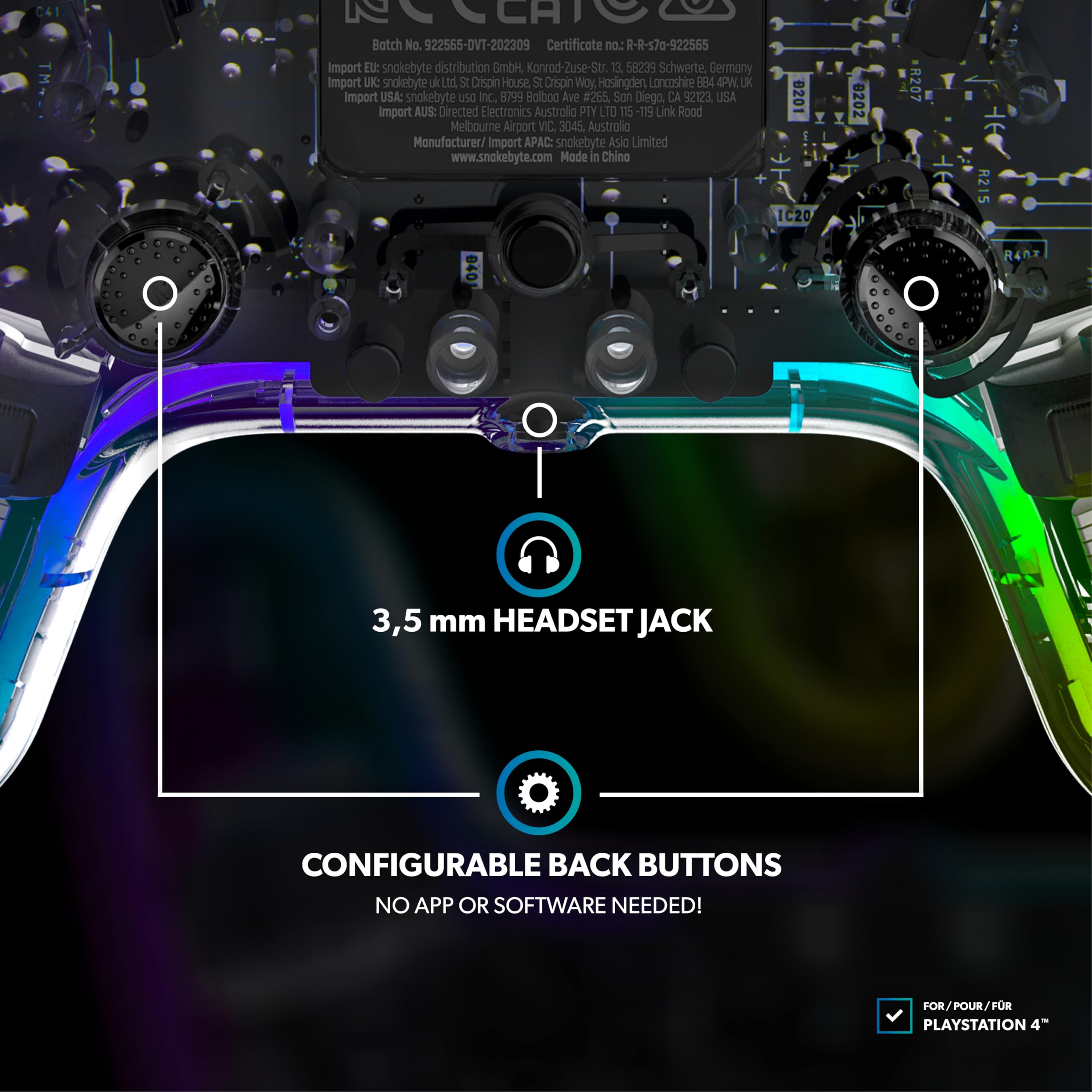 Snakebyte GAMEPAD RGB 4 - transparenter Wireless Controller für PlayStation 4, einstellbare RGB-Beleuchtung, starker Akku, belegbare Zusatztasten