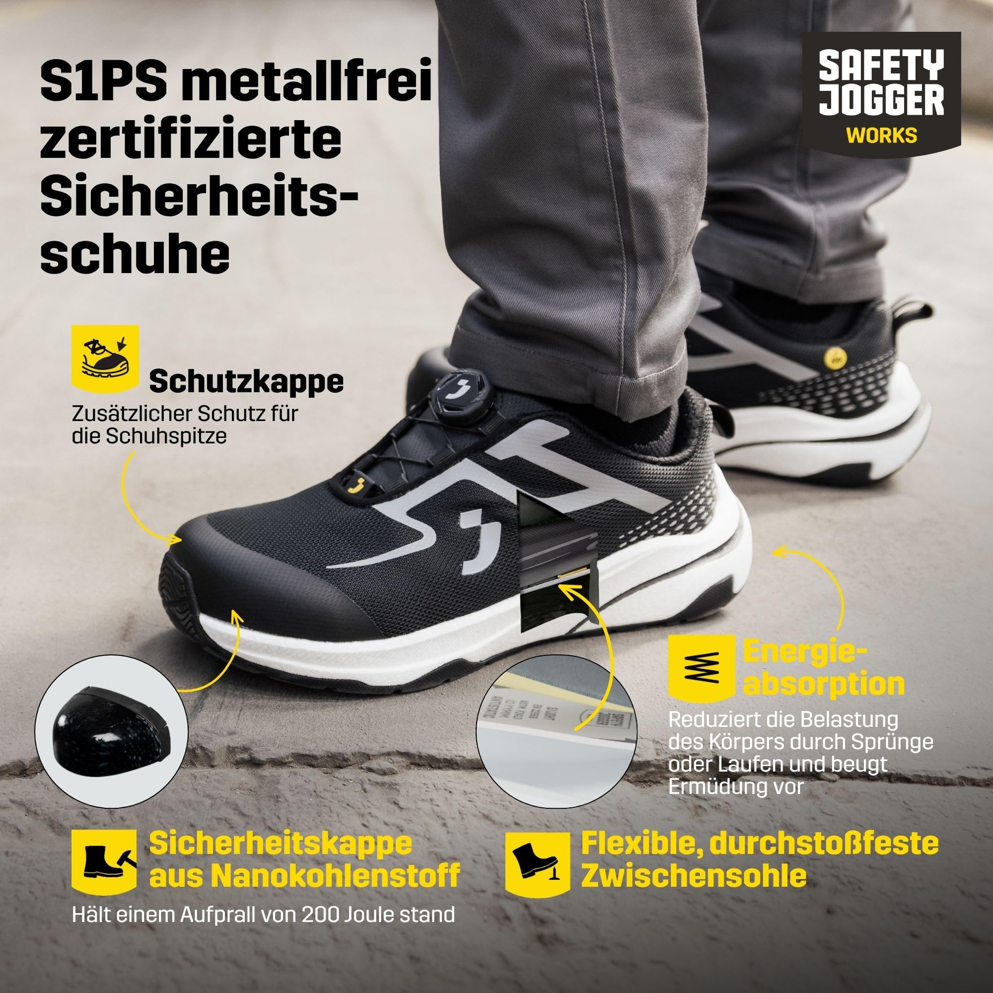 SAFETY JOGGER - Freedom S1PS TLS - Leichte Sicherheitsschuhe - Schwarz | Atmungsaktive und Bequeme Arbeitsschuhe Herren und Damen mit breiter Kunststoffkappe, Drehverschluss, ESD und Barfuß Design