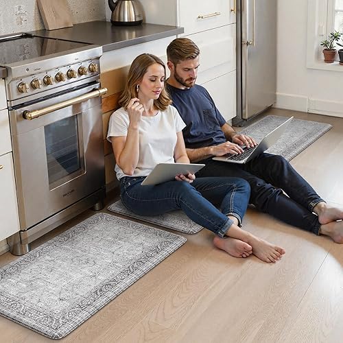 Vista 280 de KIMODE - Juego de 2 tapetes de cocina antifatiga, estilo vintage, antideslizantes, impermeables, ergonómicos, acolchados, cómodos para lavandería