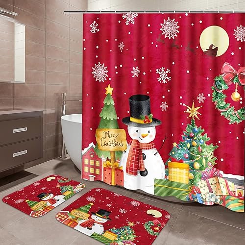 ArtSocket Juego de baño con cortina de ducha y alfombras y accesorios, juego de cortinas de ducha con rayas de árbol rojo, cortinas de ducha