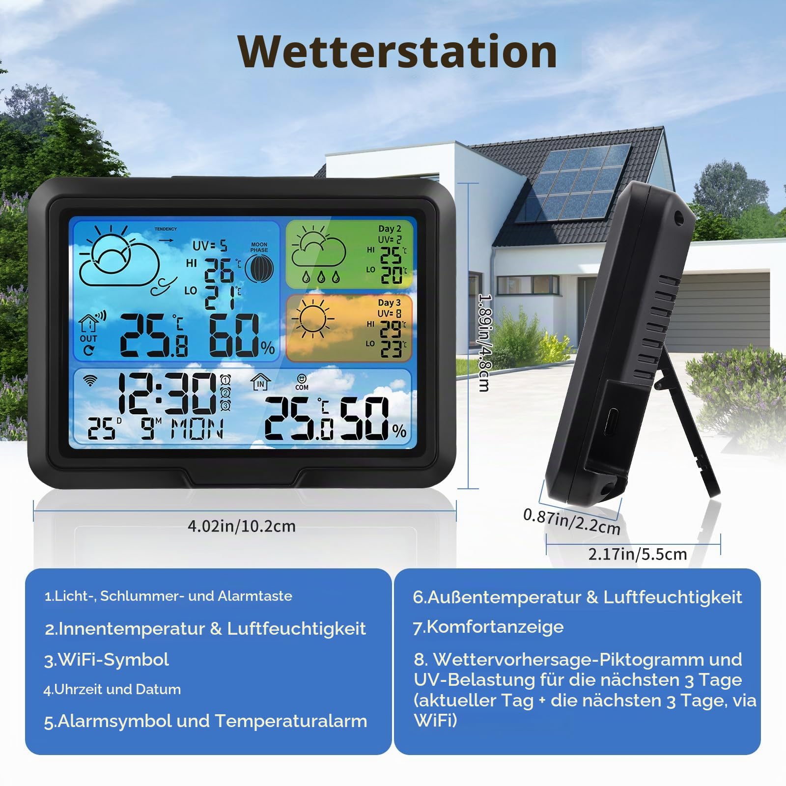 Wetterstation Wlan,Mit Außensensor & Wettervorhersage,Mit App Tuya Und Smartlife,Digital Farbdisplay,Batteriebetrieb Und Netzbetrieb,Wetterstation Funk Mit Außensensor Für Innen Und Außen