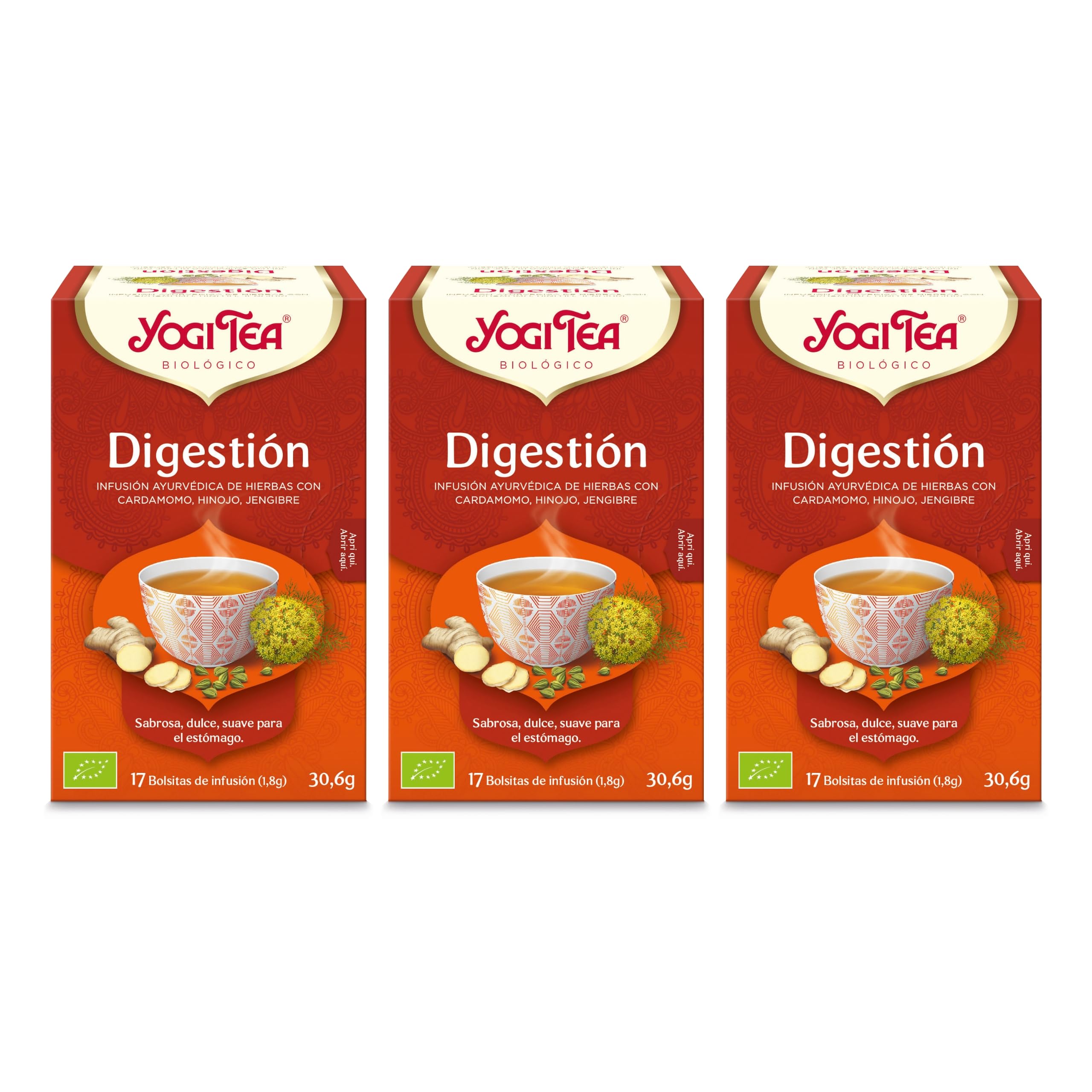 Yogi Tea Digestión Infusión Ayurvédica Cardamomo Hinojo Jengibre Sin Cafeína Pack 3x17 bolsitas