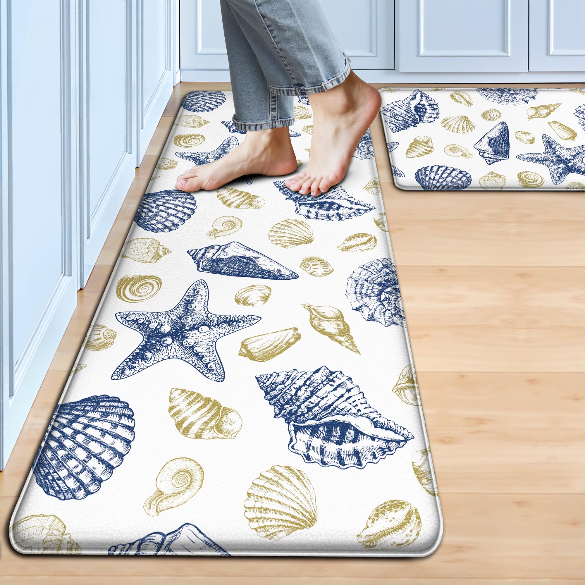 Kitchen Mats for Floor Cushioned Anti Fatigue Sets of 2 Beach Theme Kitchen Rugs Non Slip Waterproof Coastal Foam Kitchen Floor Rug Nautical Seashell