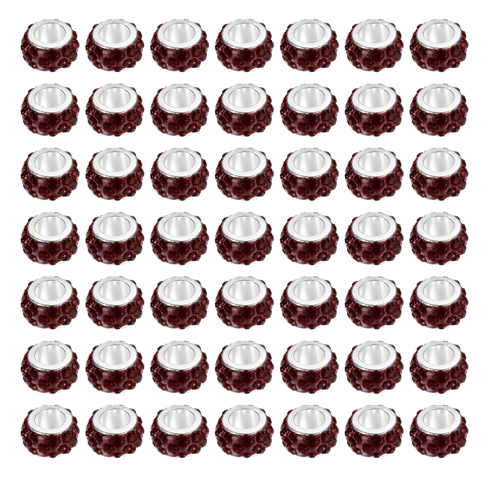 sourcing map 50Pcs European Large Hole Beads, Rhinestone Big Hole Rondelle Spacer Beads for DIY Bracelets Jewelry Making, Dark Red