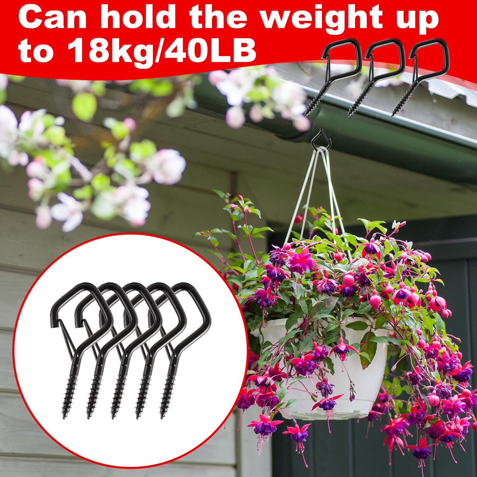 YOUNTHYE 60Pcs Screw Hooks, Black Screw in Hook with Safety Buckle, Metal Ceiling Hooks Outdoor Eye Hooks Screw in Garden Hook for Hanging Plants, Cup, Fairy Lights, Wind Chimes - Image 3