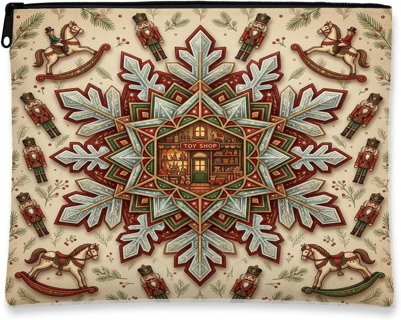Vintage Christmas Toy Shop Nutcracker Theme Snowflake Makeup Bag 7x9 Inch
