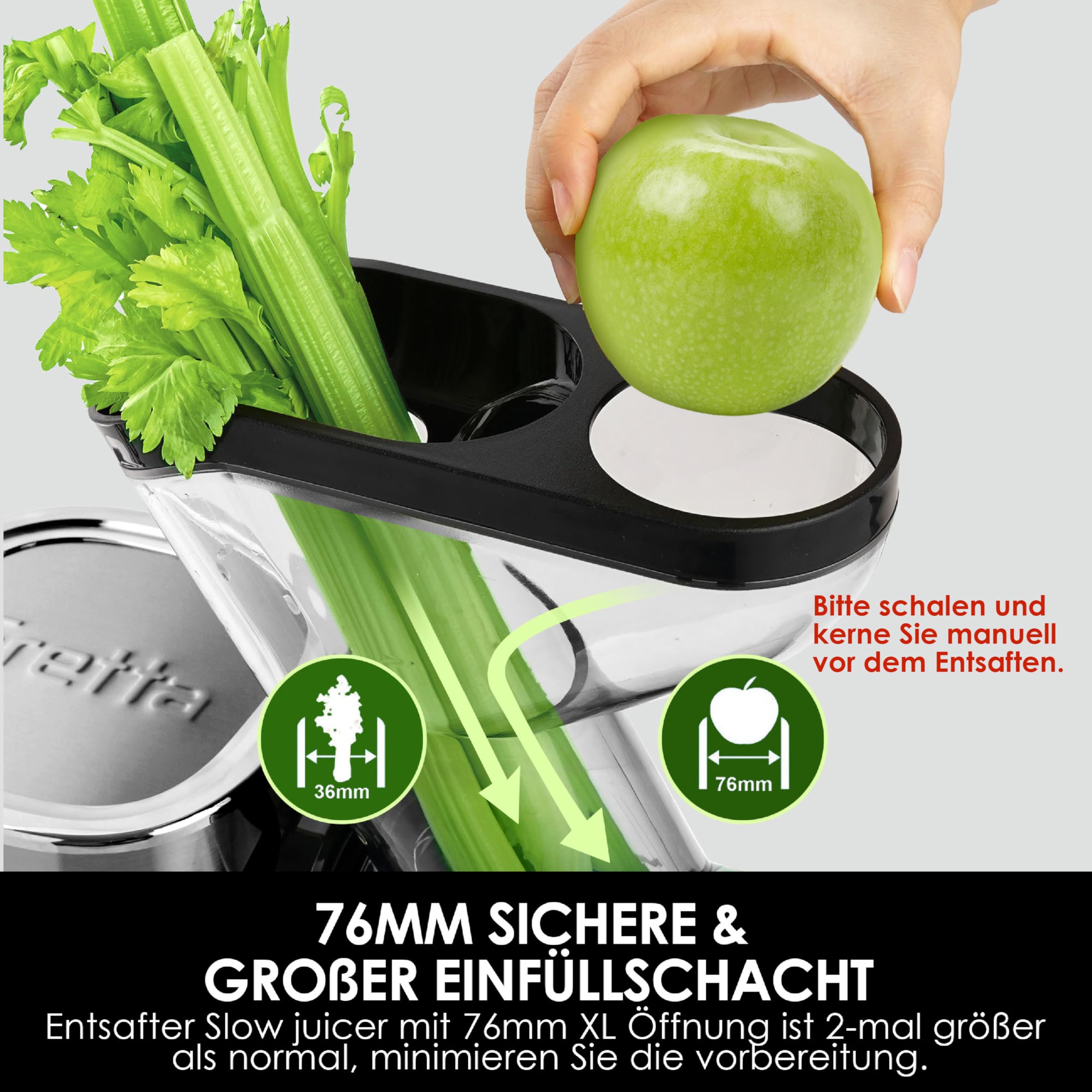 Fretta Entsafter Slow Juicer Entsafter Gemüse und Obst Testsieger Edelstahl | BPA-frei,Abnehmbare, Spülmaschinenfest,76mm Öffnung,Ganze Früchte,Hohe Saftausbeute,Leistungsstarke 200W,Leise,Umkehrfunktion