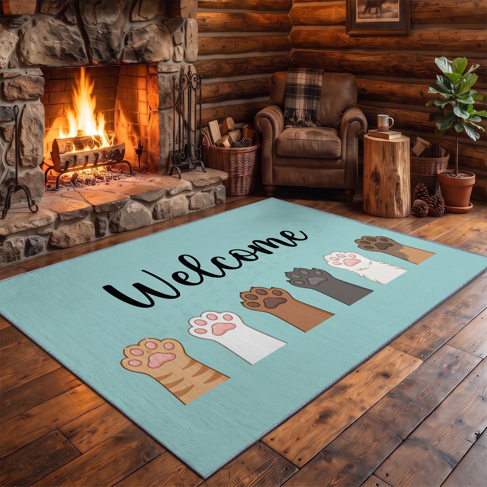 80 x 150 cm Waschbar Teppich Cartoon Minimalistisch Katzenpfote Willkommen Text Weiche Rutschfeste Bodenmatte für Schlafzimmer Wohnzimmer Küche Kinderzimmer, Kurzflorige Flauschige Matte, Blau Schwarz