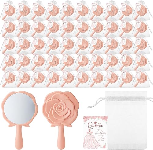 Sintuff 24 juegos de recuerdos de fiesta de quinceañera para invitados, diseño de rosas, espejos compactos de plástico, 24 tarjetas de