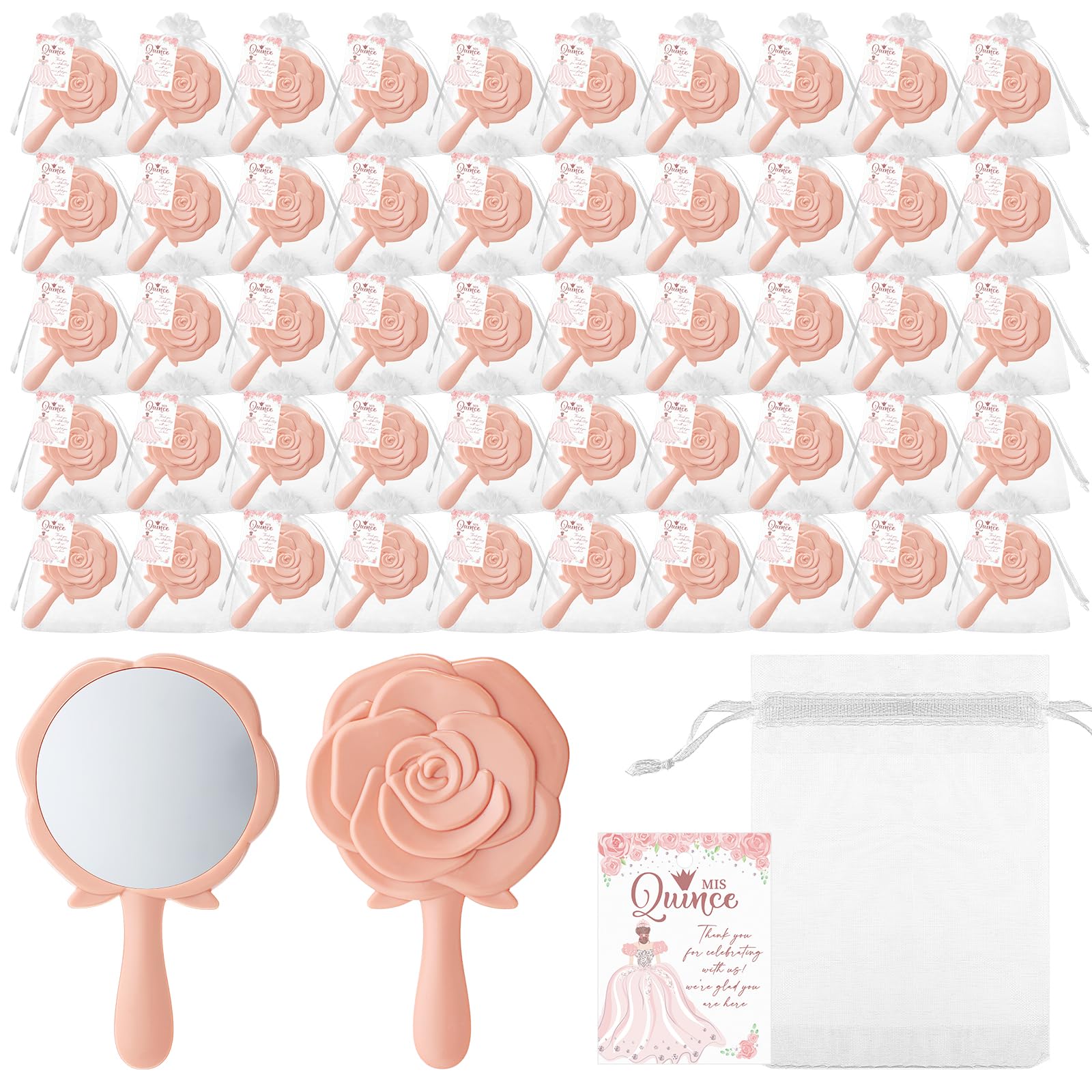 Sintuff 24 Set Quinceanera Party Favors for Guests Rose Shape Mirrors Thank You Cards with White Organza Bags for Quinceanera Wedding Party Guests Souvenir Gift