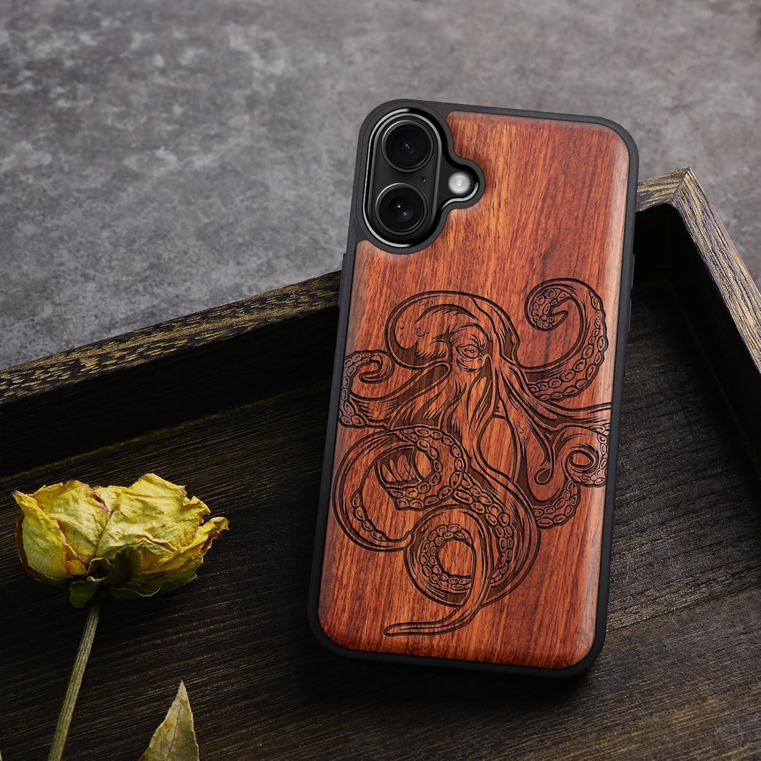 Carveit Magnetic Wooden Case for iPhone 16 Case, Wood Artisan Engraved & Black Soft TPU Shockproof Cover, Compatible with MagSafe Wireless Chargers (Octopus Drawing) Rosy