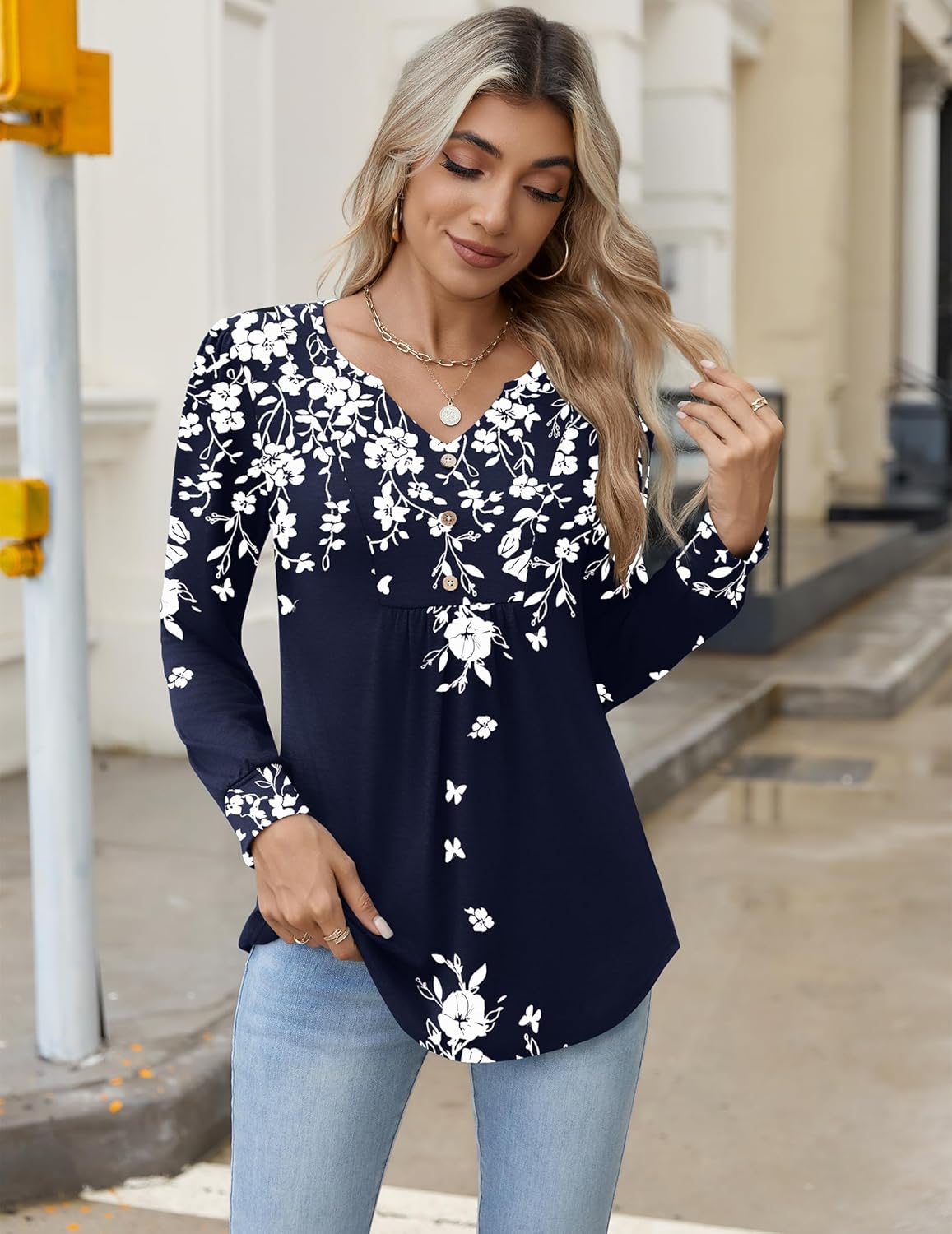 Zeagoo Long Sleeve Shirts for Women 2025 Casual Pleated V Neck Fall Tunic Tops Button Down Blouse Dressy Loose T-Shirts - Image 4